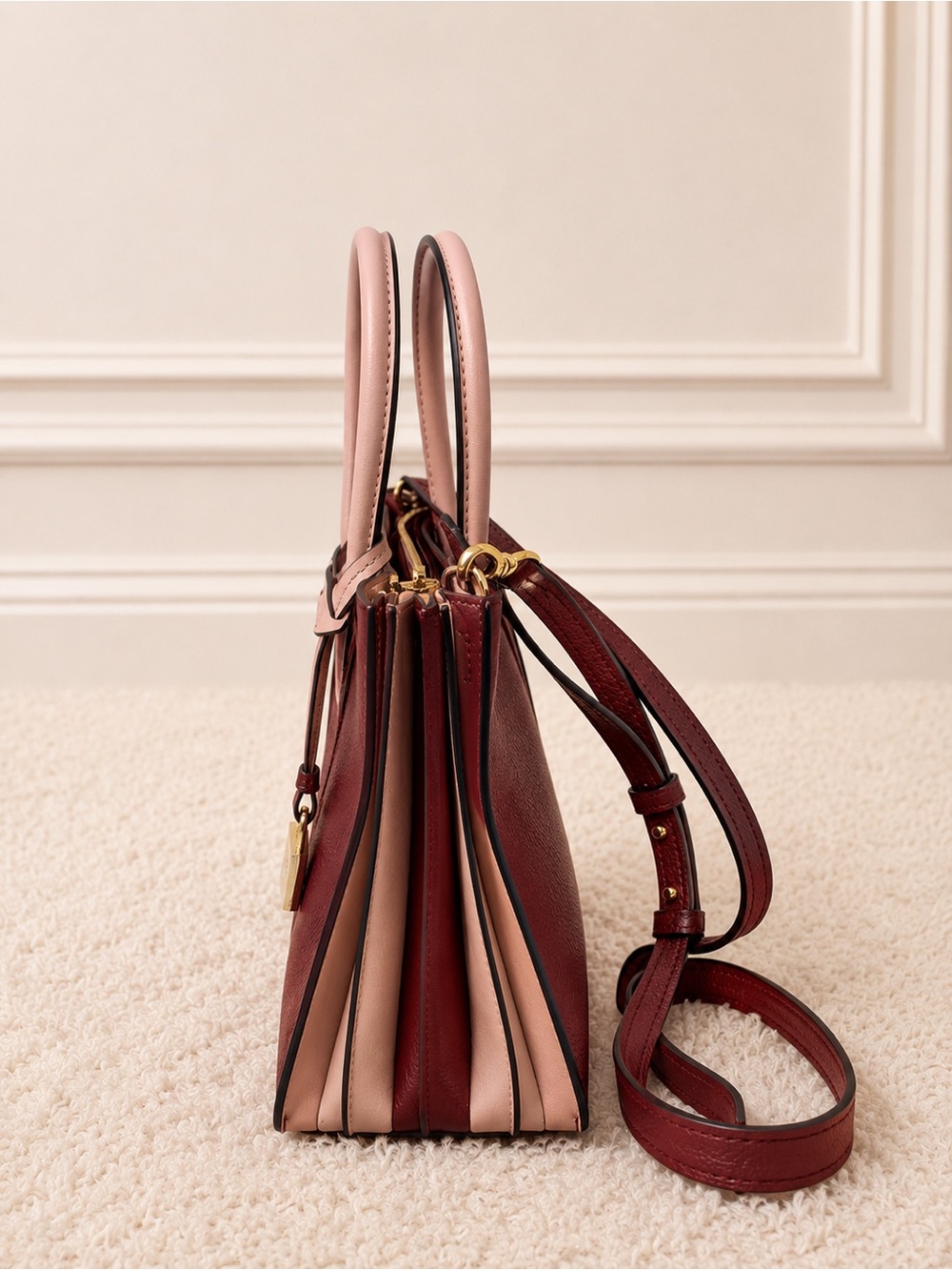 Michael Kors Mercer Tri-Color Pebbled Leather Accordion Tote Pink and Burgundy